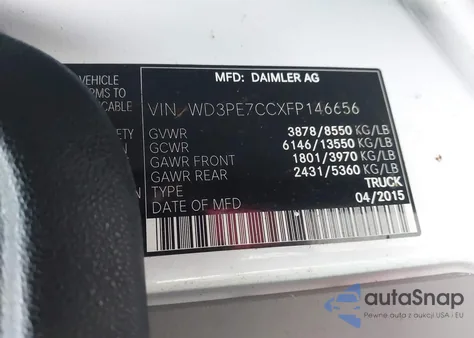 2015 Mercedes-Benz Sprinter 2500 Normal Roof z USA, uszkodzony, nr VIN WD3PE7CCXFP146656